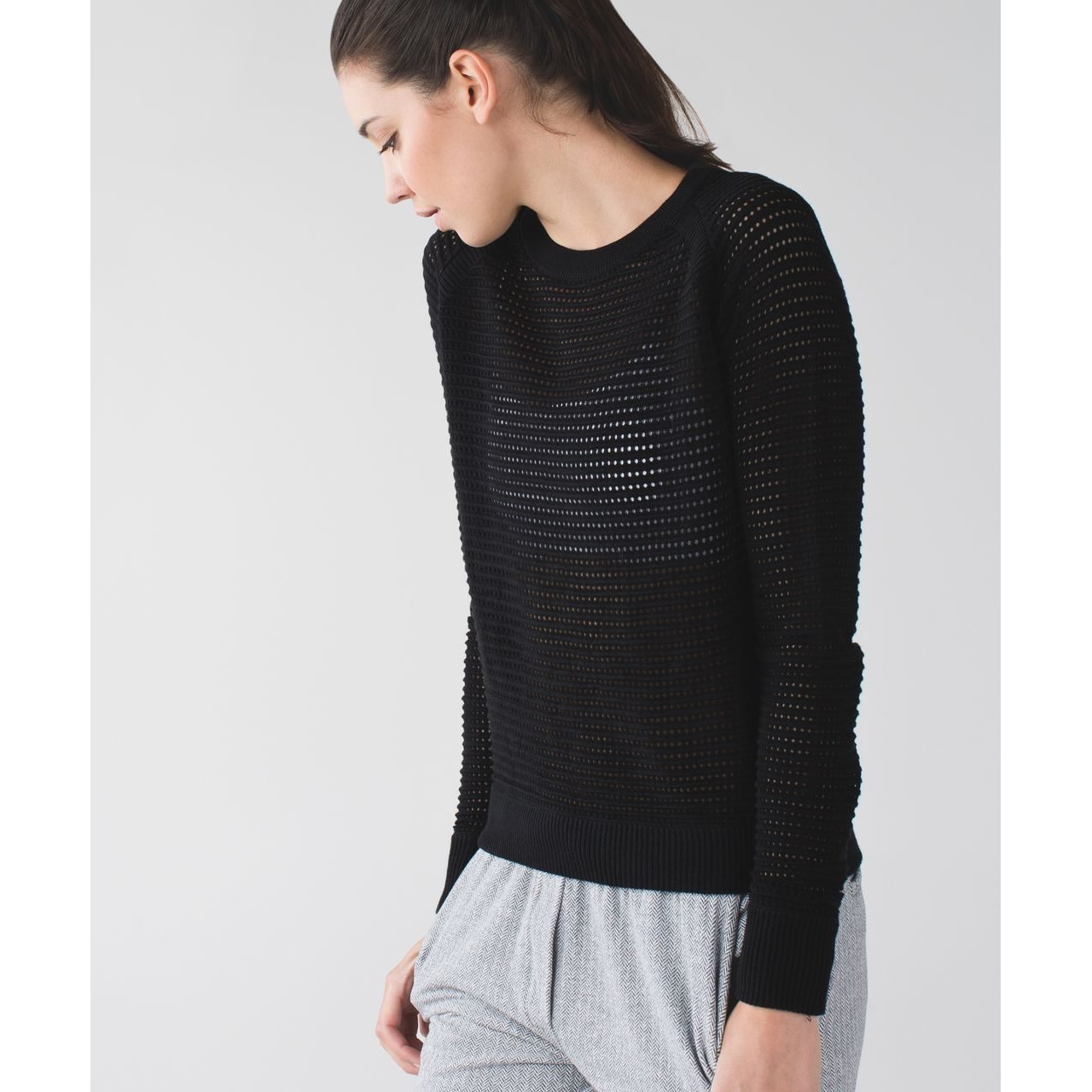 Lululemon Devi Crew Pointelle Sweater Women 4 Black Knit Long Sleeve Pullover